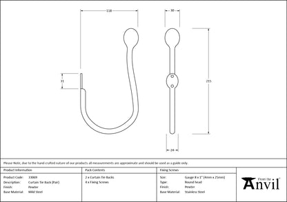 CURTAIN TIE BACK PR 118x215x30 PEW - 33069 by MARCHES (ANVIL) ARCHITECTURAL HARDWARE