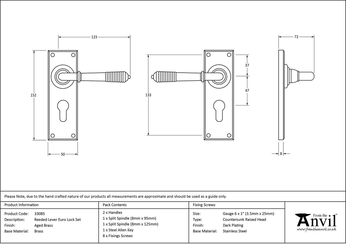 REEDED LEVER HANDLE EURO 123x152x70 AGBR - 33085 by MARCHES (ANVIL) ARCHITECTURAL HARDWARE