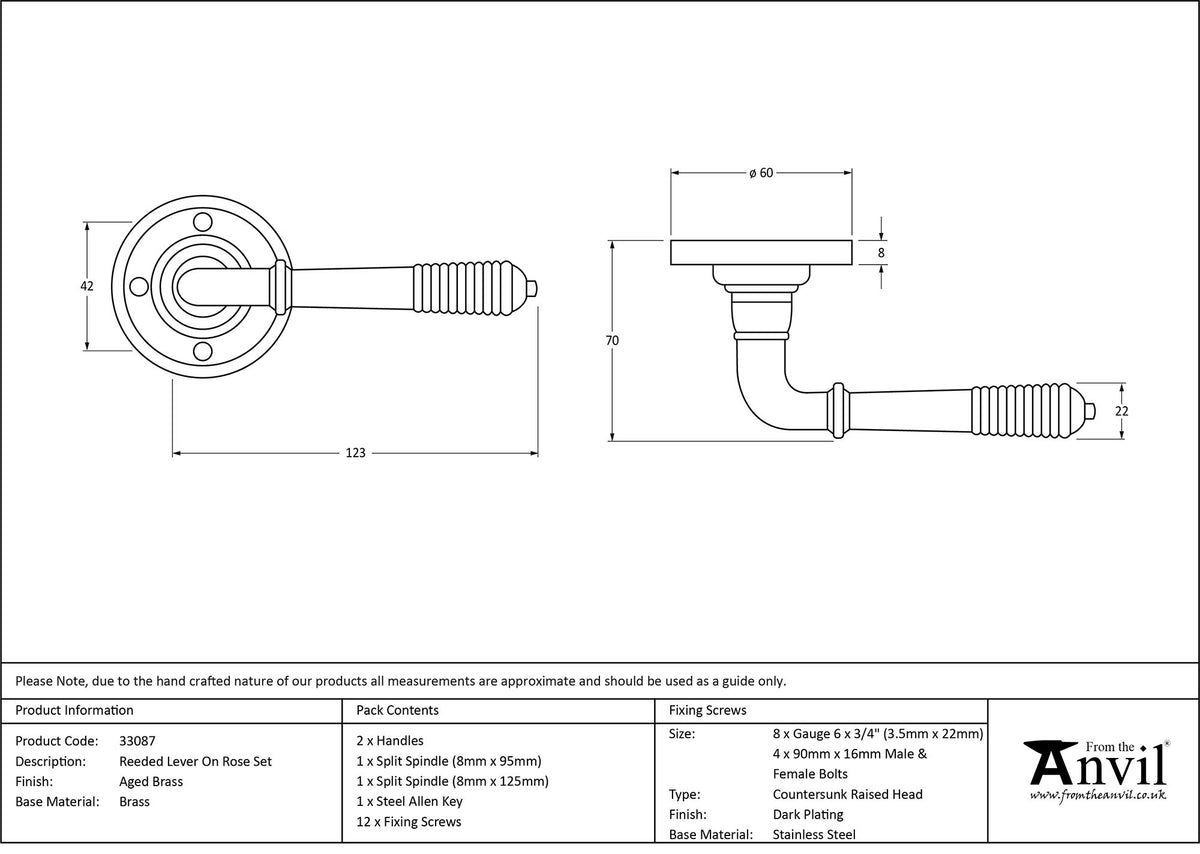 REEDED LEVER HANDLE+ROSE SPR 123x60x70 AGBR - 33087 by MARCHES (ANVIL) ARCHITECTURAL HARDWARE