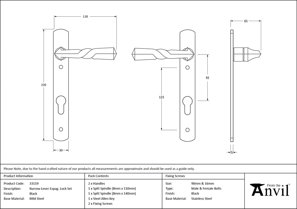 NARROW ESPAGNOLETTE LEVER LOCK 118x220x65 BLK - 33119 by MARCHES (ANVIL) ARCHITECTURAL HARDWARE