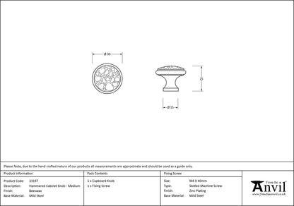 HAMMERED CABINET KNOB 30x25x15 BWX - 33197 by MARCHES (ANVIL) ARCHITECTURAL HARDWARE