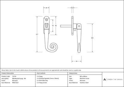 MONKEYTAIL ESPAGNOLETTE RH 127x20x34 BWX - 33224 by MARCHES (ANVIL) ARCHITECTURAL HARDWARE