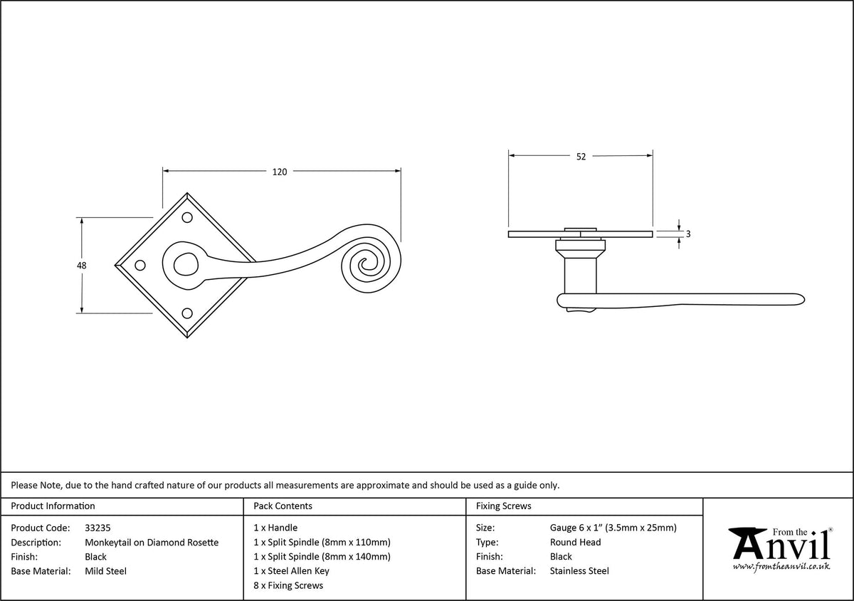 MONKEYTAIL LEVER HANDLE+DIAMOND ROSE 52x120 BLK - 33235 by MARCHES (ANVIL) ARCHITECTURAL HARDWARE