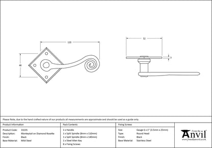 MONKEYTAIL LEVER HANDLE+DIAMOND ROSE 52x120 BLK - 33235 by MARCHES (ANVIL) ARCHITECTURAL HARDWARE