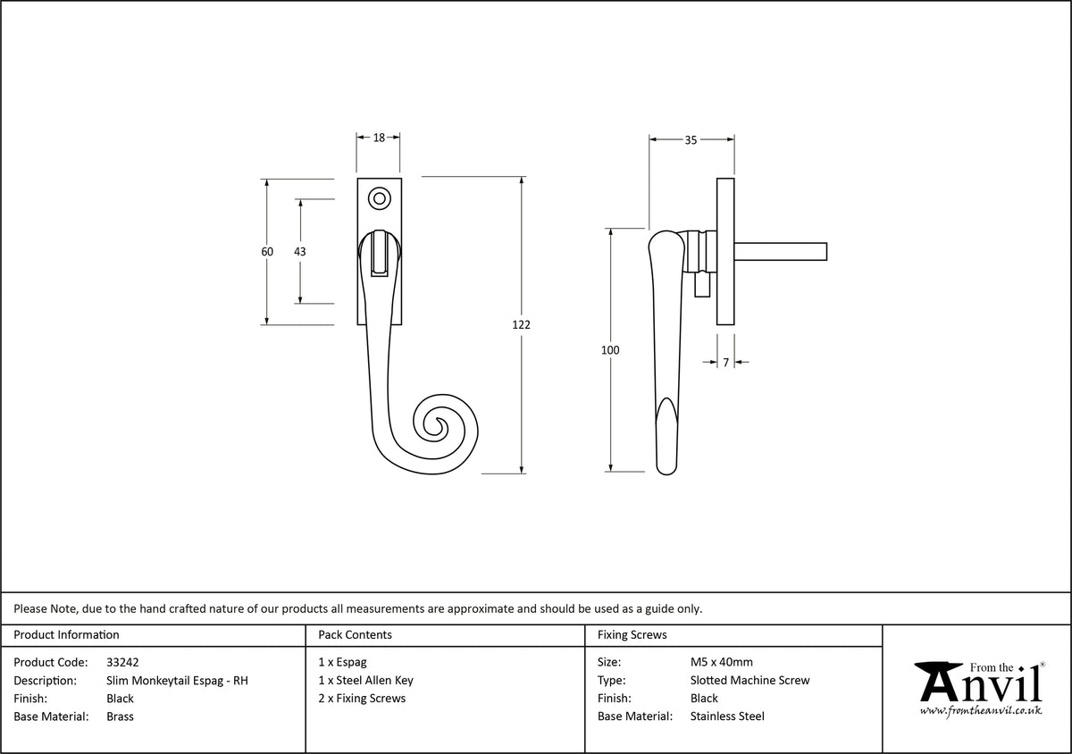 MONKEYTAIL ESPAGNOLETTE SLIM RH 122x18x35 BLK - 33242 by MARCHES (ANVIL) ARCHITECTURAL HARDWARE