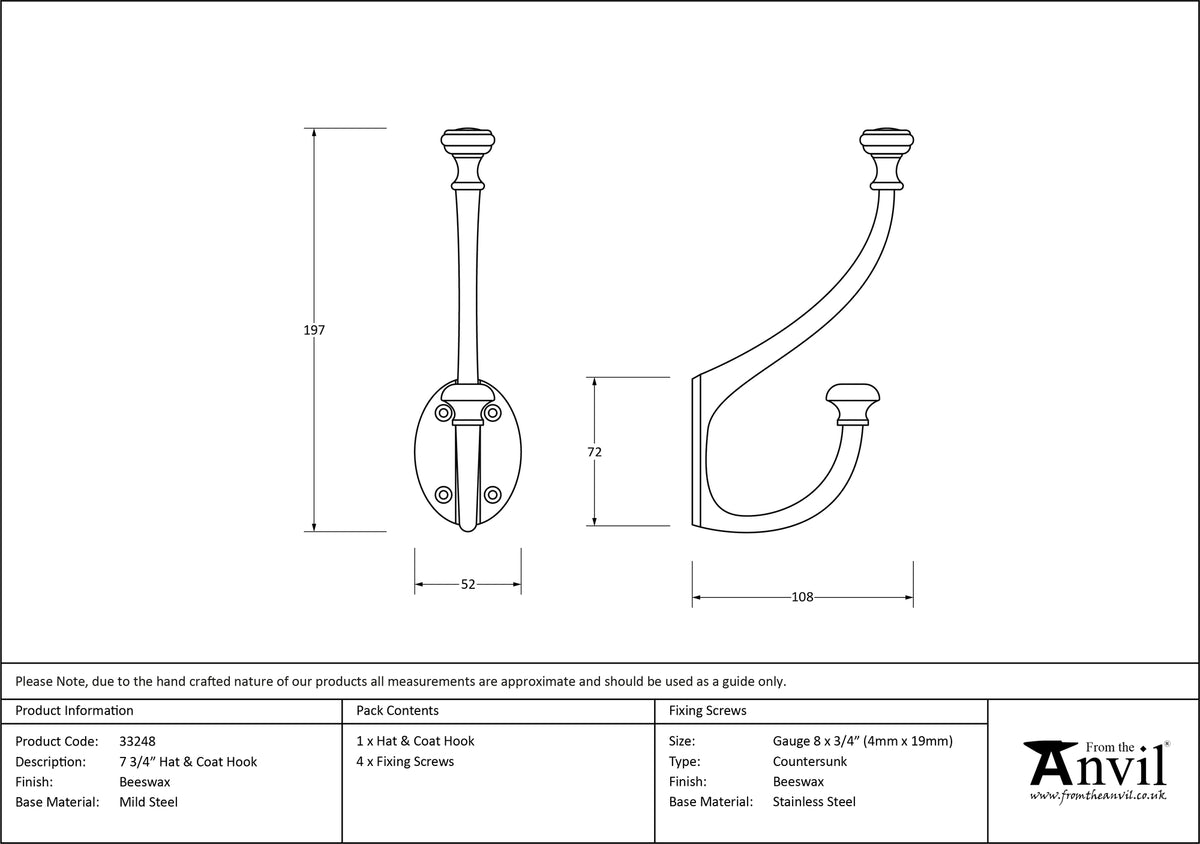 HAT+COAT HOOK 197x52x108 BWX - 33248 by MARCHES (ANVIL) ARCHITECTURAL HARDWARE