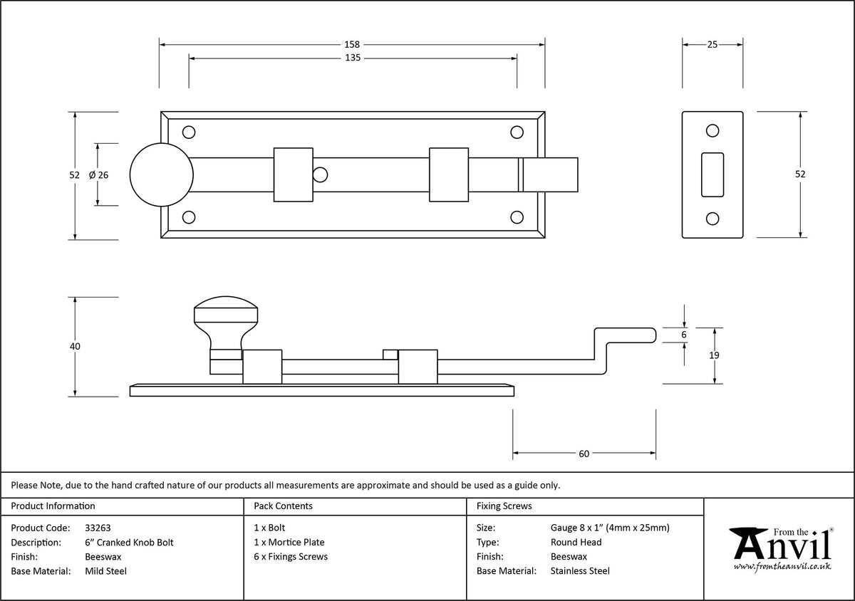 KNOB BOLT CRANKED 158x52x40 BWX - 33263 by MARCHES (ANVIL) ARCHITECTURAL HARDWARE