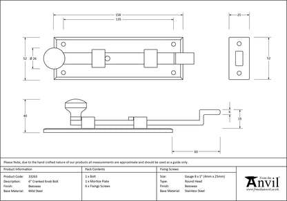 KNOB BOLT CRANKED 158x52x40 BWX - 33263 by MARCHES (ANVIL) ARCHITECTURAL HARDWARE