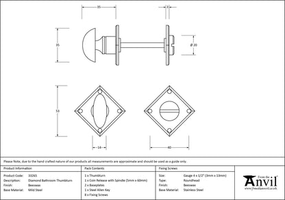 THUMBTURN SET DIAMOND 40x40x35 BWX - 33265 by MARCHES (ANVIL) ARCHITECTURAL HARDWARE