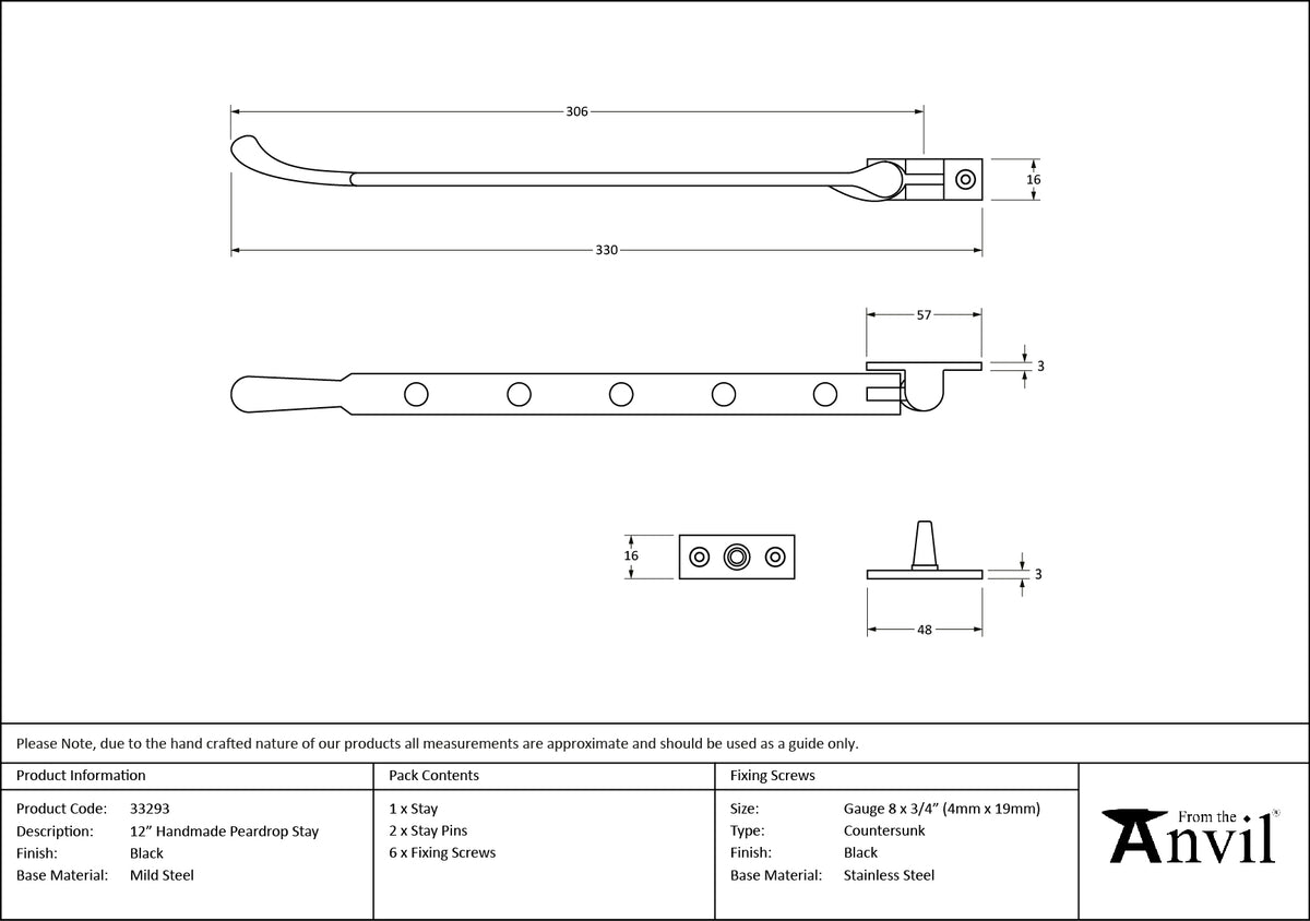 PEARDROP STAY 305 292x16x57 BLK - 33293 by MARCHES (ANVIL) ARCHITECTURAL HARDWARE