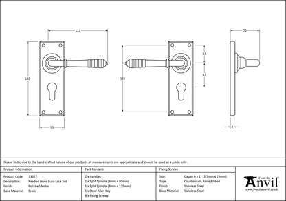 REEDED LEVER HANDLE EURO 123x152x70 PNP - 33327 by MARCHES (ANVIL) ARCHITECTURAL HARDWARE