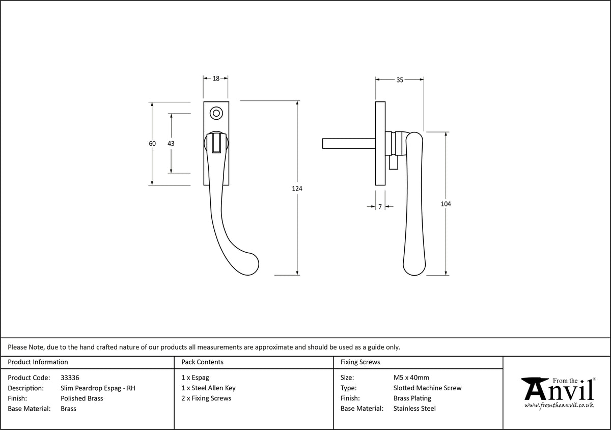 SLIM PEARDROP ESPAGNOLETTE RH 124x18x35 PBR - 33336 by MARCHES (ANVIL) ARCHITECTURAL HARDWARE