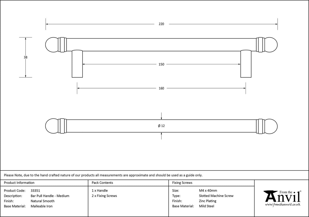 BAR PULL HANDLE 160HC 12x220x38 NSM - 33351 by MARCHES (ANVIL) ARCHITECTURAL HARDWARE