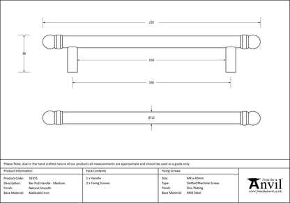BAR PULL HANDLE 160HC 12x220x38 NSM - 33351 by MARCHES (ANVIL) ARCHITECTURAL HARDWARE
