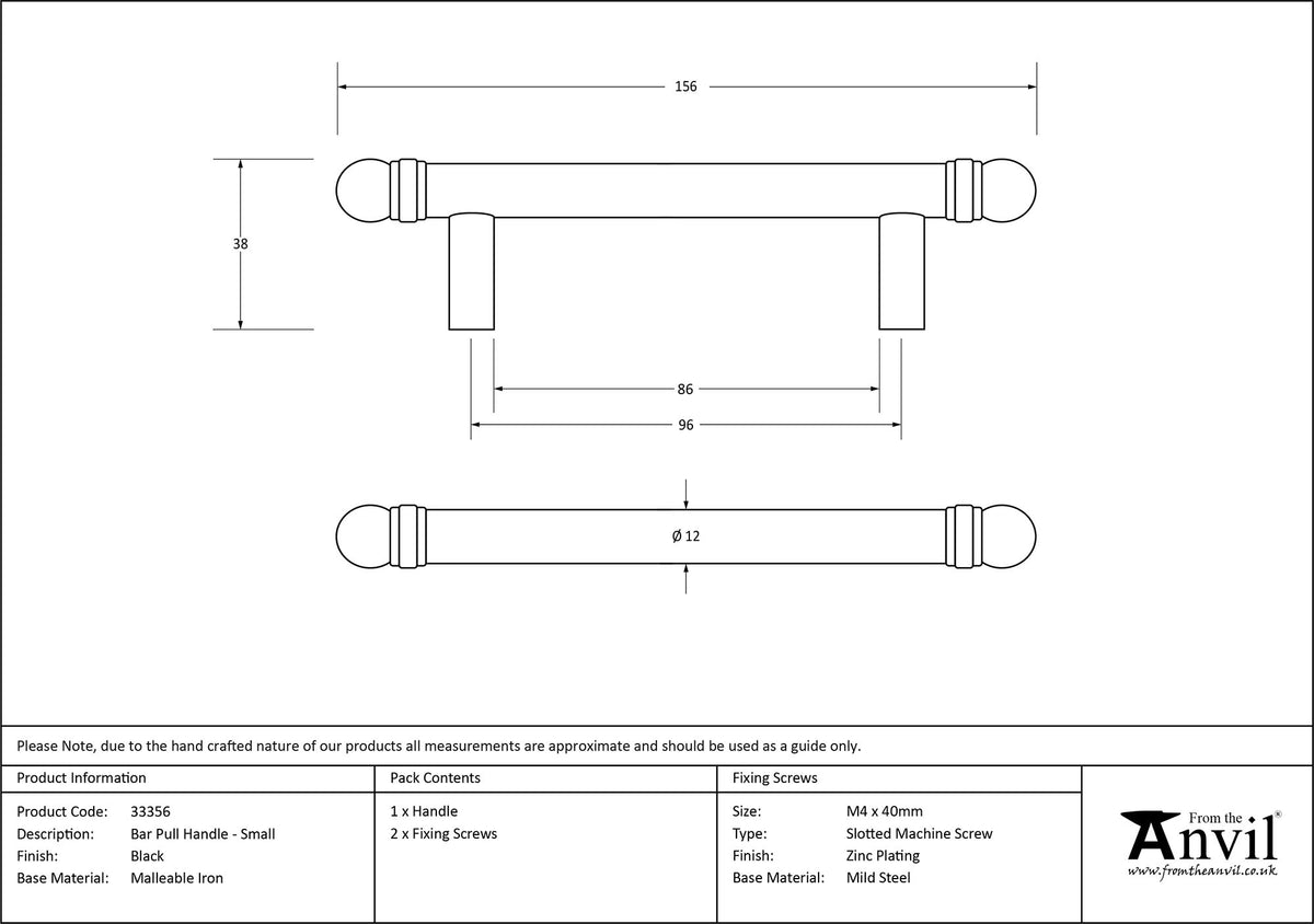 BAR PULL HANDLE 096HC 12x156x38 BLK - 33356 by MARCHES (ANVIL) ARCHITECTURAL HARDWARE