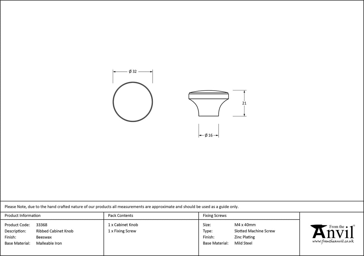 RIBBED CABINET KNOB 32x21x16 BWX - 33368 by MARCHES (ANVIL) ARCHITECTURAL HARDWARE
