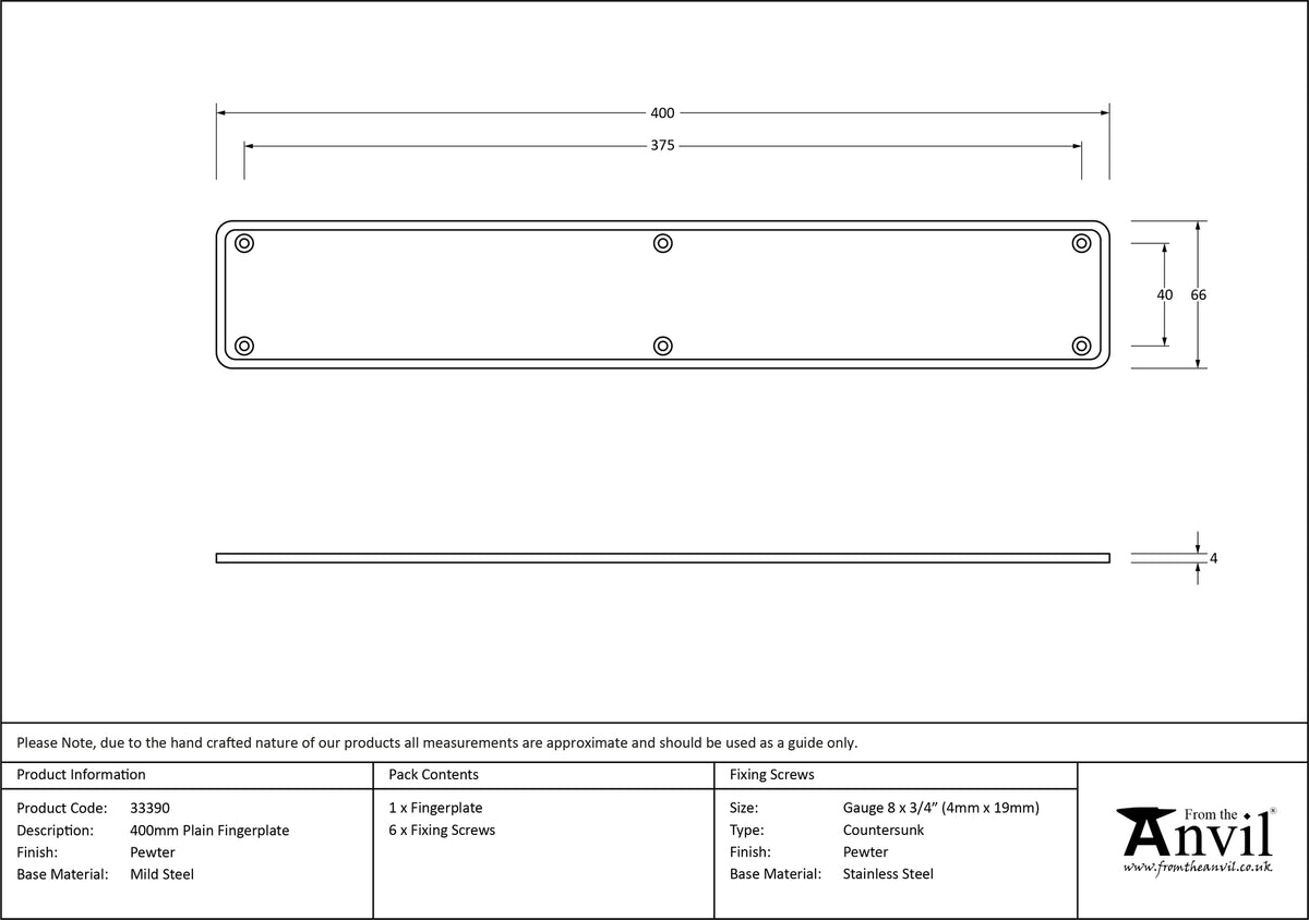 PLAIN FINGERPLATE 0400x66x4 PEW - 33390 by MARCHES (ANVIL) ARCHITECTURAL HARDWARE