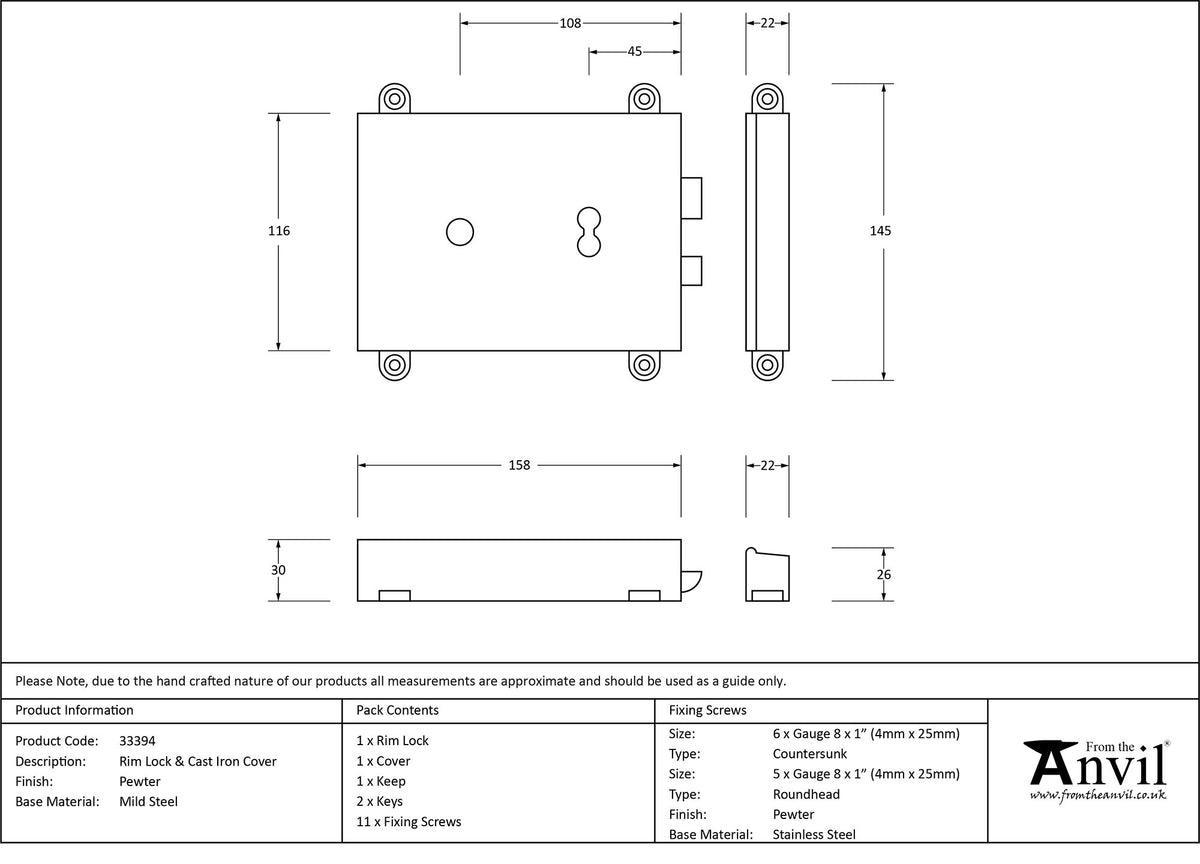 RIM LOCK+COVER 154x116x30 PEW - 33394 by MARCHES (ANVIL) ARCHITECTURAL HARDWARE