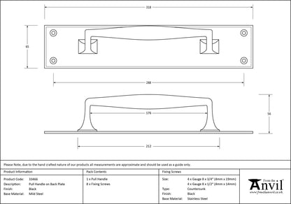 PULL HANDLE+PLATE 318x65x56 BLK - 33466 by MARCHES (ANVIL) ARCHITECTURAL HARDWARE