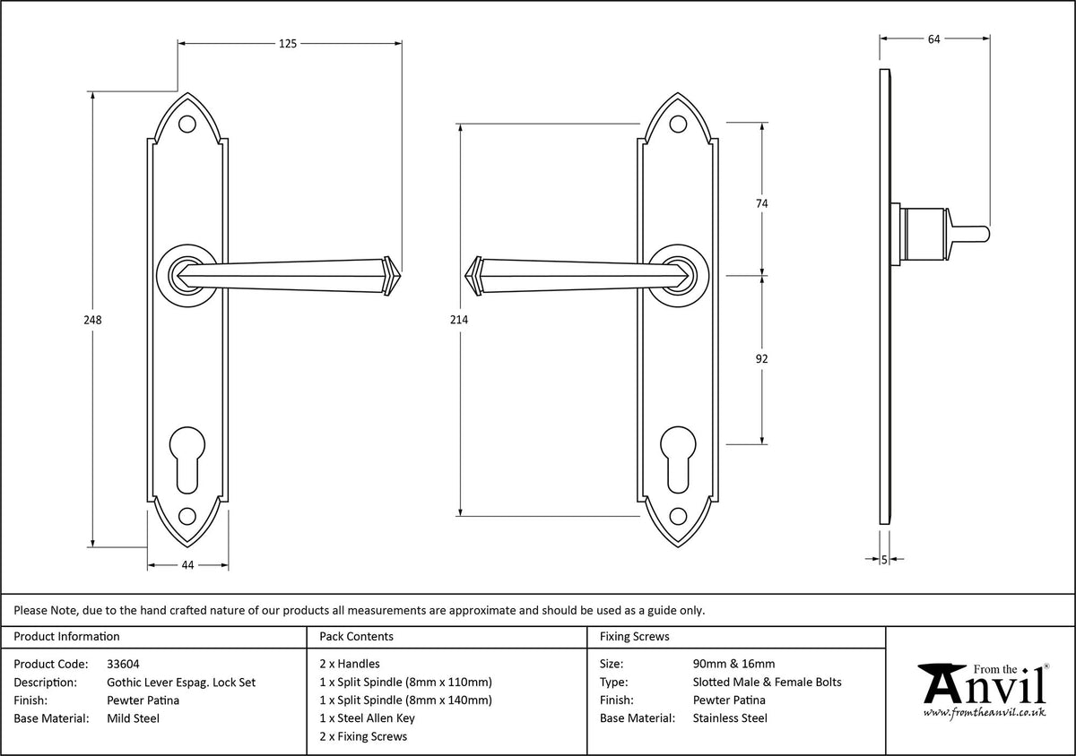 GOTHIC ESPAGNOLETTE LEVER LOCK 125x248x64 PEW - 33604 by MARCHES (ANVIL) ARCHITECTURAL HARDWARE