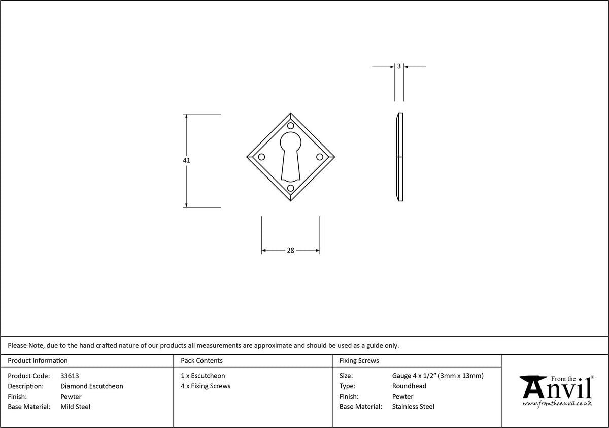 ESCUTCHEON DIAMOND 41x41x2.5 PEW - 33613 by MARCHES (ANVIL) ARCHITECTURAL HARDWARE