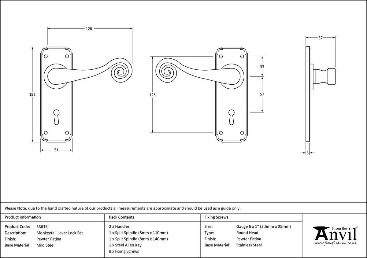 MONKEYTAIL LEVER HANDLE LOCK 126x152x57 PEW - 33615 by MARCHES (ANVIL) ARCHITECTURAL HARDWARE