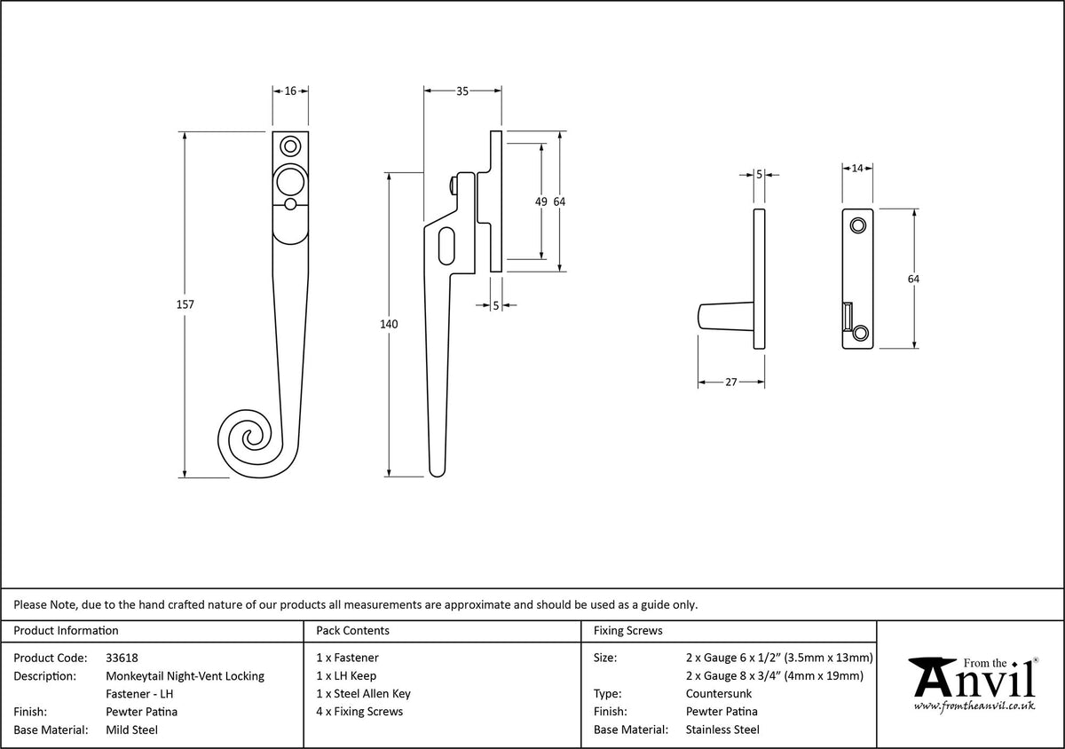 MONKEYTAIL NIGHT-VENT LOCKING FASTENER LH 157x16x35 PEW - 33618 by MARCHES (ANVIL) ARCHITECTURAL HARDWARE