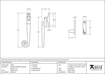 MONKEYTAIL NIGHT-VENT LOCKING FASTENER LH 157x16x35 PEW - 33618 by MARCHES (ANVIL) ARCHITECTURAL HARDWARE