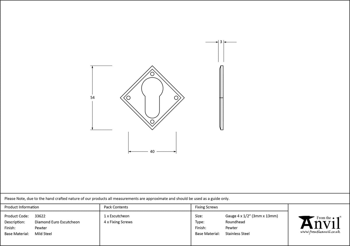 ESCUTCHEON EURO DIAMOND 51x51x2.5 PEW - 33622 by MARCHES (ANVIL) ARCHITECTURAL HARDWARE