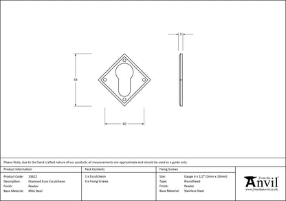 ESCUTCHEON EURO DIAMOND 51x51x2.5 PEW - 33622 by MARCHES (ANVIL) ARCHITECTURAL HARDWARE