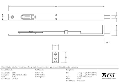FLUSH/SLIDE DOOR BOLT 306x20x34 PEW - 33627 by MARCHES (ANVIL) ARCHITECTURAL HARDWARE