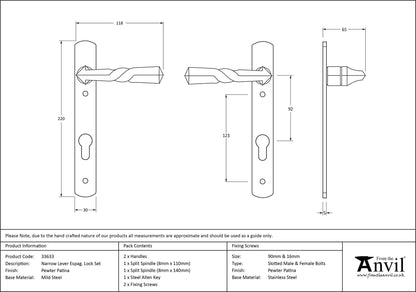 NARROW ESPAGNOLETTE LEVER LOCK 118x220x65 PEW - 33633 by MARCHES (ANVIL) ARCHITECTURAL HARDWARE