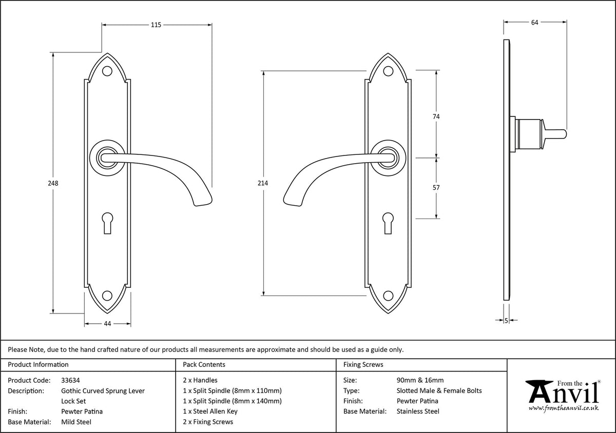GOTHIC LEVER HANDLE CURVE LOCK 115x248x64 PEW - 33634 by MARCHES (ANVIL) ARCHITECTURAL HARDWARE
