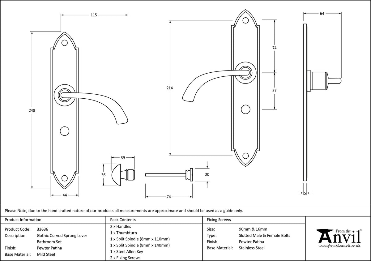 GOTHIC LEVER HANDLE CURVE BATH 115x248x64 PEW - 33636 by MARCHES (ANVIL) ARCHITECTURAL HARDWARE