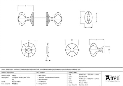 OCTAGONAL MORTICE RIM KNOB 54x66x57 PEW - 33643 by MARCHES (ANVIL) ARCHITECTURAL HARDWARE