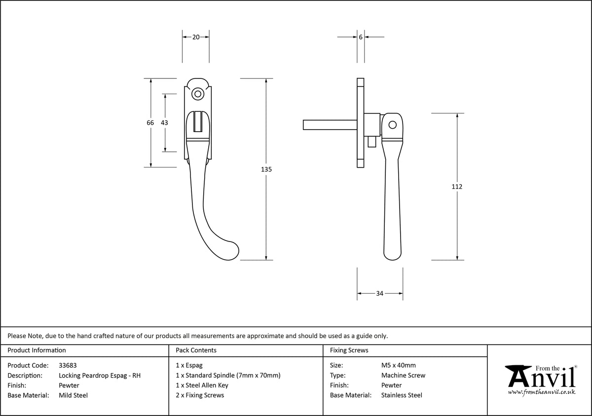 PEARDROP ESPAGNOLETTE RH 135x20x34 PEW - 33683 by MARCHES (ANVIL) ARCHITECTURAL HARDWARE