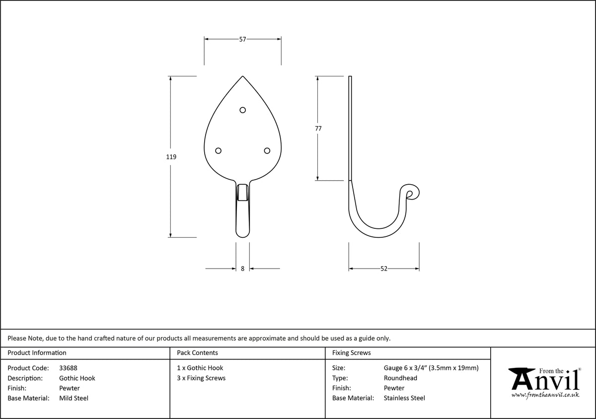 COAT HOOK GOTHIC 119x57x52 PEW - 33688 by MARCHES (ANVIL) ARCHITECTURAL HARDWARE