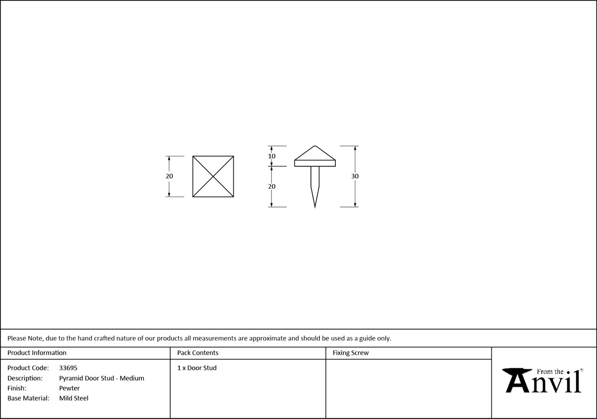 PYRAMID DOOR STUD 20x20x30 PEW - 33695 by MARCHES (ANVIL) ARCHITECTURAL HARDWARE