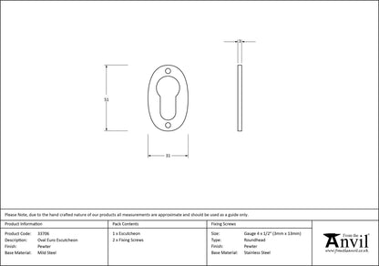 ESCUTCHEON EURO OVAL 51x31x2.5 PEW - 33706 by MARCHES (ANVIL) ARCHITECTURAL HARDWARE