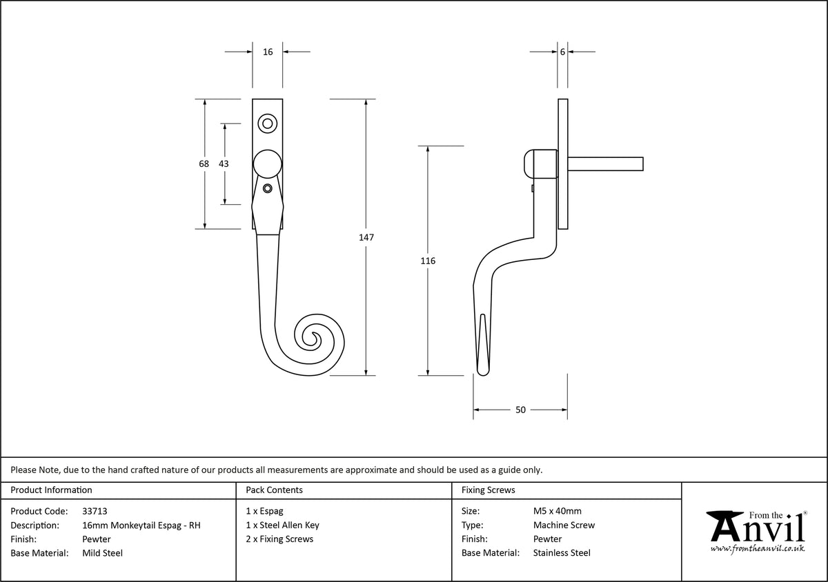 MONKEYTAIL ESPAGNOLETTE RH 147x16x50 PEW - 33713 by MARCHES (ANVIL) ARCHITECTURAL HARDWARE