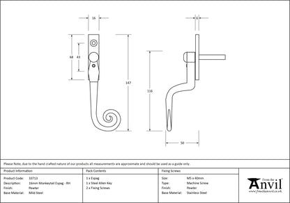 MONKEYTAIL ESPAGNOLETTE RH 147x16x50 PEW - 33713 by MARCHES (ANVIL) ARCHITECTURAL HARDWARE