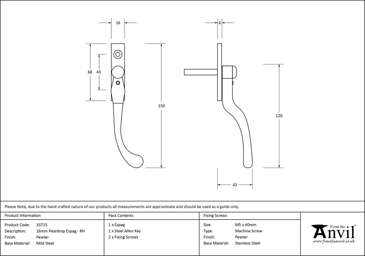 PEARDROP ESPAGNOLETTE RH 150x16x42 PEW - 33715 by MARCHES (ANVIL) ARCHITECTURAL HARDWARE