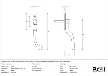 PEARDROP ESPAGNOLETTE RH 150x16x42 PEW - 33715 by MARCHES (ANVIL) ARCHITECTURAL HARDWARE