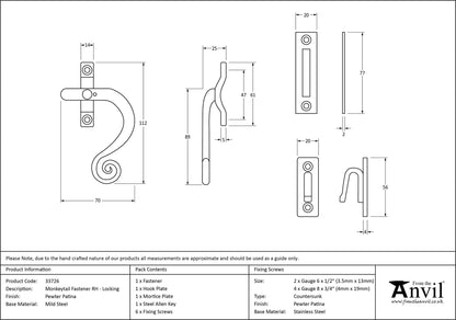 MONKEYTAIL FASTENER LOCK RH 112x14x25 PEW - 33726 by MARCHES (ANVIL) ARCHITECTURAL HARDWARE
