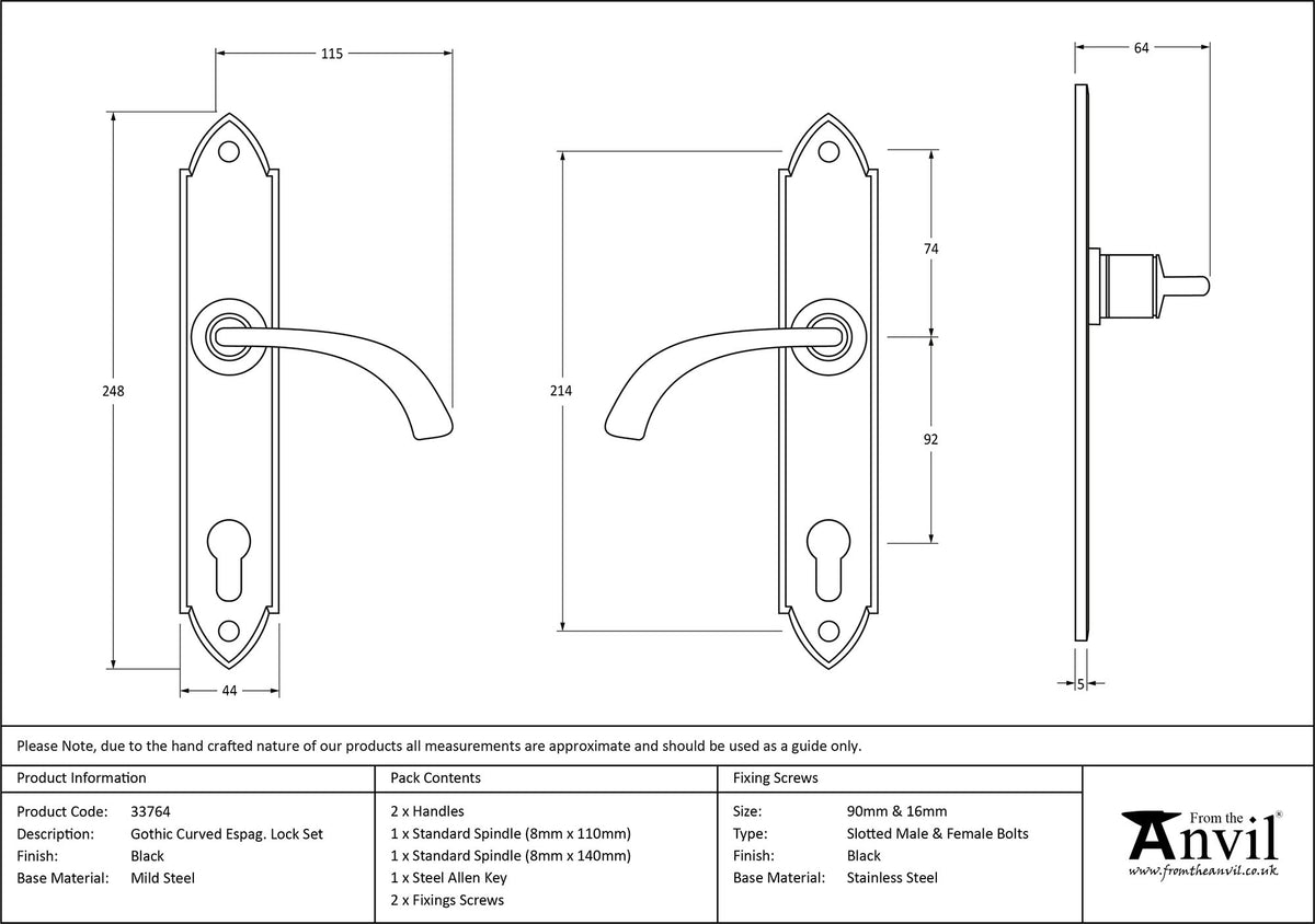 GOTHIC CURVED ESPAGNOLETTE LEVER LOCK 115x248x64 BLK - 33764 by MARCHES (ANVIL) ARCHITECTURAL HARDWARE