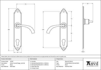 GOTHIC CURVED ESPAGNOLETTE LEVER LOCK 115x248x64 BLK - 33764 by MARCHES (ANVIL) ARCHITECTURAL HARDWARE
