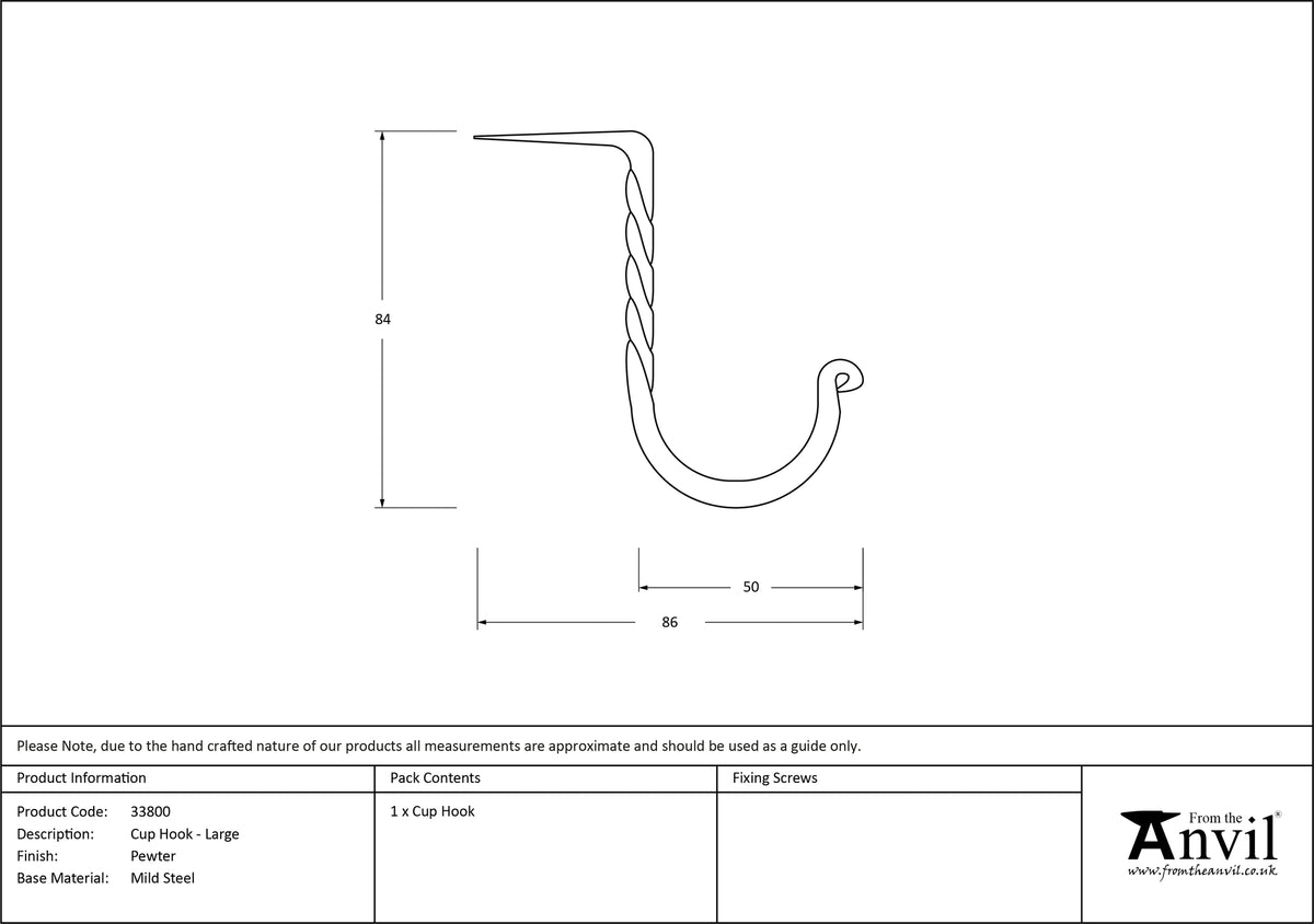 CUP HOOK 89x44 PEW - 33800 by MARCHES (ANVIL) ARCHITECTURAL HARDWARE