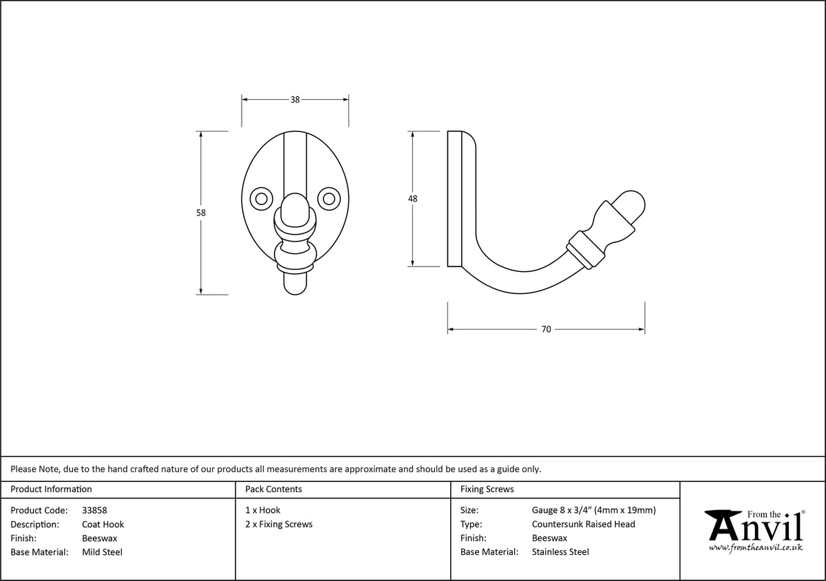 COAT HOOK 58x38x70 BWX - 33858 by MARCHES (ANVIL) ARCHITECTURAL HARDWARE