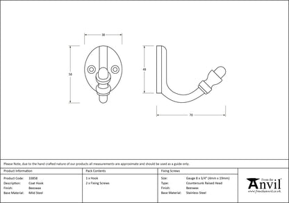 COAT HOOK 58x38x70 BWX - 33858 by MARCHES (ANVIL) ARCHITECTURAL HARDWARE