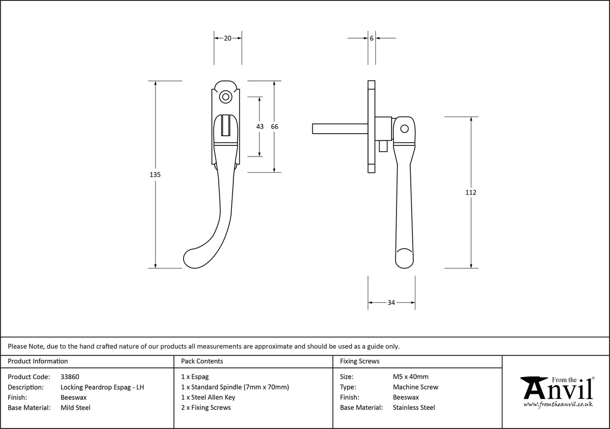 PEARDROP ESPAGNOLETTE LH 135x20x34 BWX - 33860 by MARCHES (ANVIL) ARCHITECTURAL HARDWARE